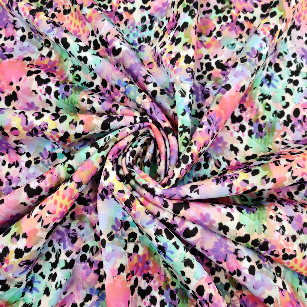 FS556 Watercolours | Fabric | Animal, drape, Fabric, fashion fabric, Floral, Flower, Leopard, maroon, Scuba, sewing, Stretchy | Fabric Styles