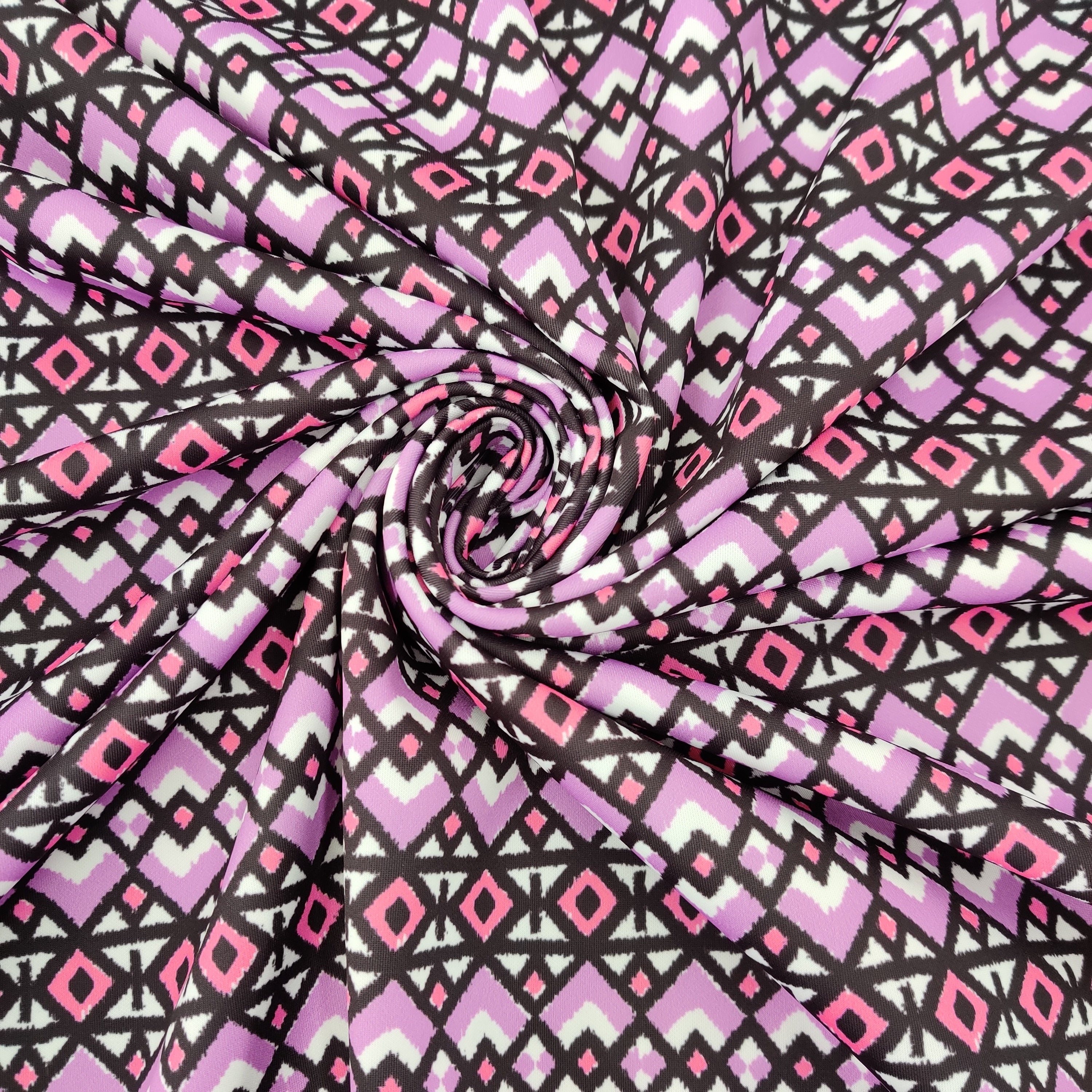 FS568 Lilac Geometric | Fabric | aztec, drape, Fabric, fashion fabric, Geometric, jersey, lilac, making, purple, repeat, sale, Scuba, sewing, Stretchy, tile | Fabric Styles