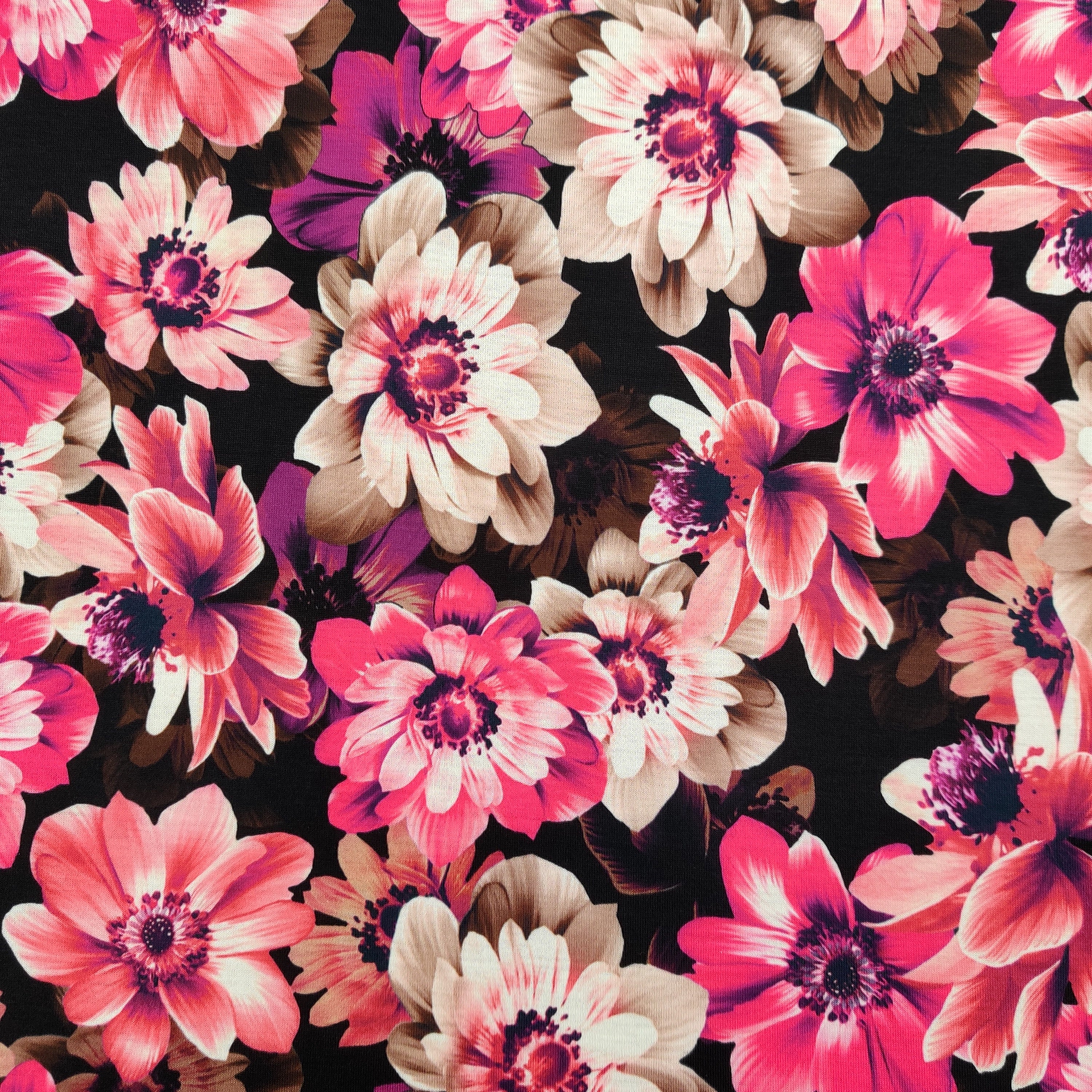 FS558 Pink Flower | Fabric | drape, Fabric, fashion fabric, Floral, jersey, making, sewing, spun polyester, Spun Polyester Elastane, stretch, Stretchy, Tropical | Fabric Styles