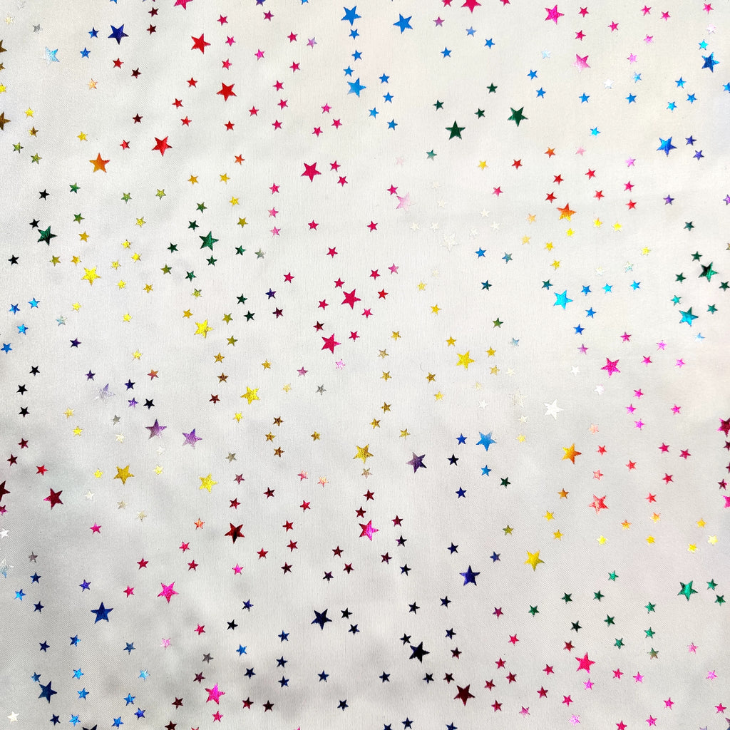 FS594 Multi Star Foil | Fabric | Animal, blue, drape, elastane, Fabric, fashion fabric, Foil, FS580, jersey, Leopard, Limited, making, Pink, Polyester, purple, Rainbow, Satin, sewing, Skirt, STar, Stars, Stretchy, Watercolour | Fabric Styles