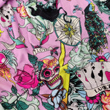 FS117 Floral Tattoo Vintage Cards Spun Polyester Jersey Knit Stretch Fabric Black | Fabric | Ace, Cards, drape, Fabric, fashion fabric, Floral, Hearts, Love, making, Pink, sewing, spun polyester, Spun Polyester Elastane, Valentine, Valentines, Vintage | Fabric Styles