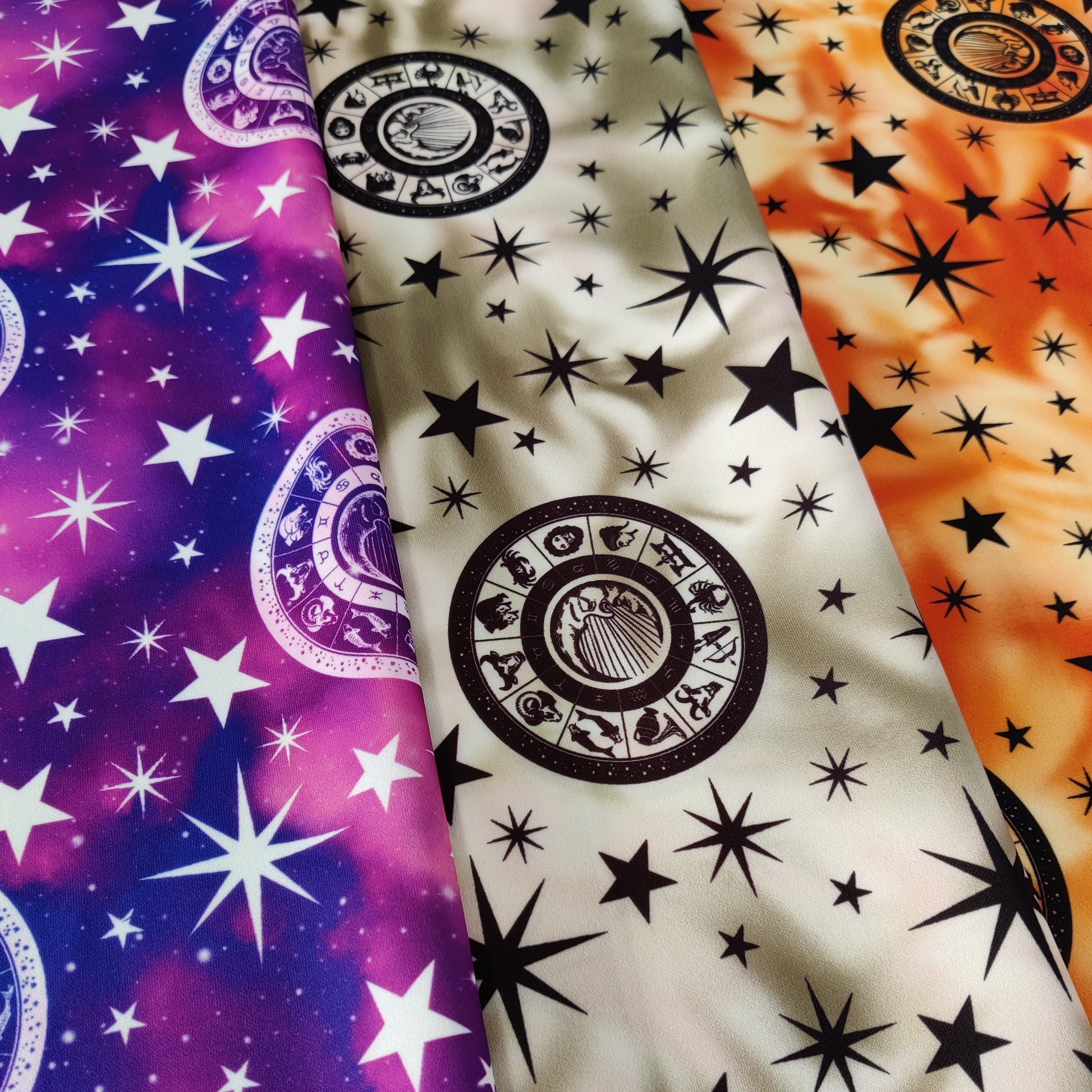 FS581 Galaxy Zodiac | Fabric | Animal, blue, drape, elastane, Fabric, fashion fabric, FS581, Galaxy, jersey, making, Olive, Orange, Polyester, Purple, Sale, scuba, sewing, Skirt, stars, Stretchy, Tie Dye | Fabric Styles
