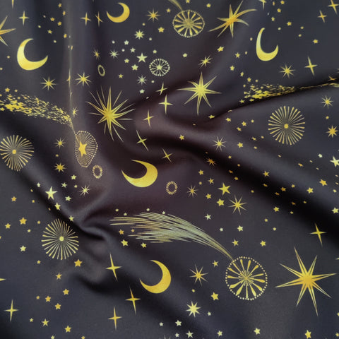 FS677_1 Shooting Stars | Fabric | drape, elastane, Fabric, fashion fabric, Galaxy, gold, jersey, making, Polyester, purple, scuba, sewing, Skirt, space, stars, Stretchy | Fabric Styles