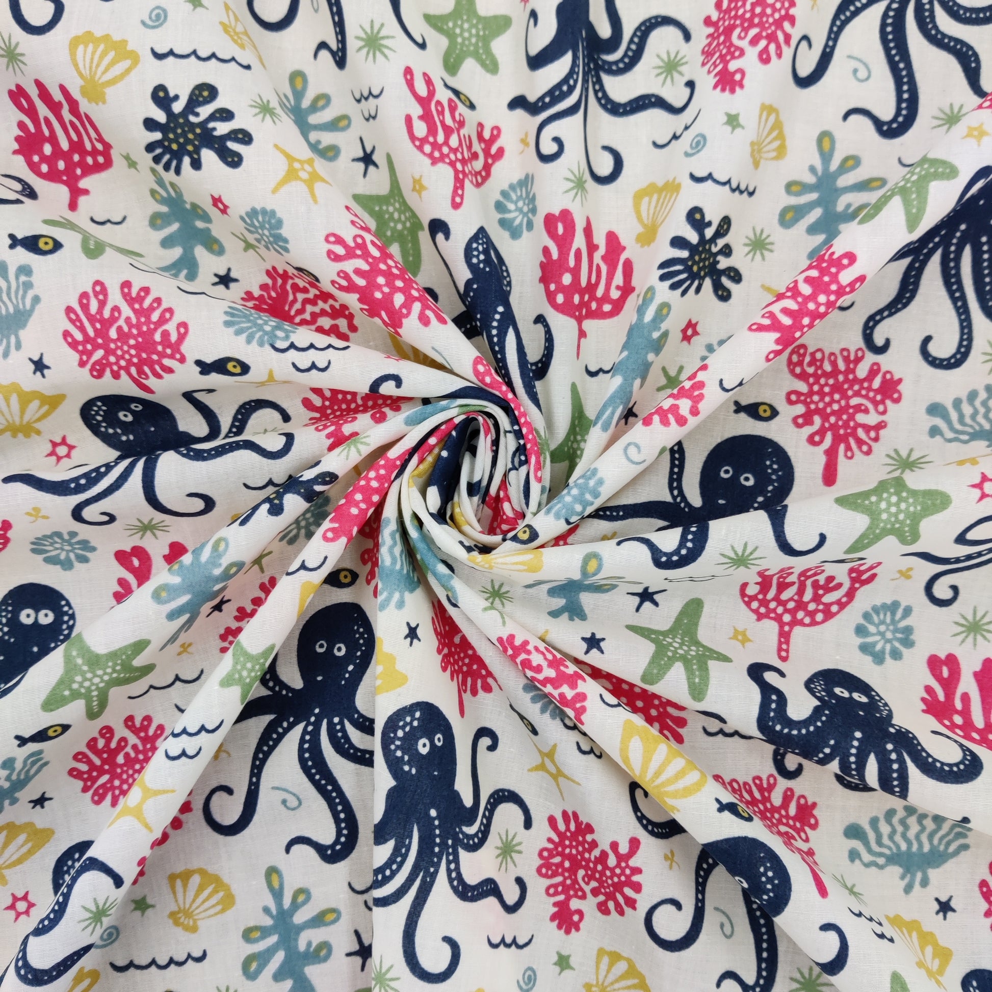 FS801 Octopus | Fabric | Animal, Children, Colourful, drape, Fabric, fashion fabric, Kids, making, Multicolour, Navy, Octopus, Poly, Poly Cotton, sale, sewing, Skirt, White | Fabric Styles