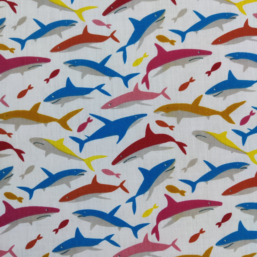 FS736 Sharks | Fabric | Animal, BEAR, Bears, Children, Colourful, drape, Fabric, fashion fabric, Green, Kids, making, Multicolour, Poly, Poly Cotton, sale, sewing, Shark, Sharks, Skirt, White | Fabric Styles