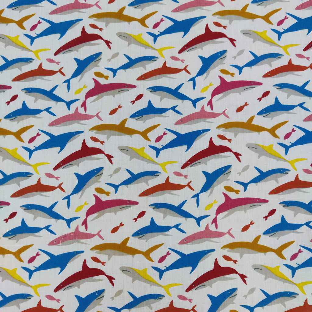 FS736 Sharks | Fabric | Animal, BEAR, Bears, Children, Colourful, drape, Fabric, fashion fabric, Green, Kids, making, Multicolour, Poly, Poly Cotton, sale, sewing, Shark, Sharks, Skirt, White | Fabric Styles
