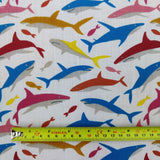 FS736 Sharks | Fabric | Animal, BEAR, Bears, Children, Colourful, drape, Fabric, fashion fabric, Green, Kids, making, Multicolour, Poly, Poly Cotton, sale, sewing, Shark, Sharks, Skirt, White | Fabric Styles