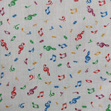 FS738 Beam Notes | Fabric | Children, Cloud, Clouds, Colourful, drape, Fabric, fashion fabric, Green, Kids, making, Multicolour, Musical, Notes, Poly, Poly Cotton, sale, sewing, Signs, Skirt, Treble Clef, White | Fabric Styles