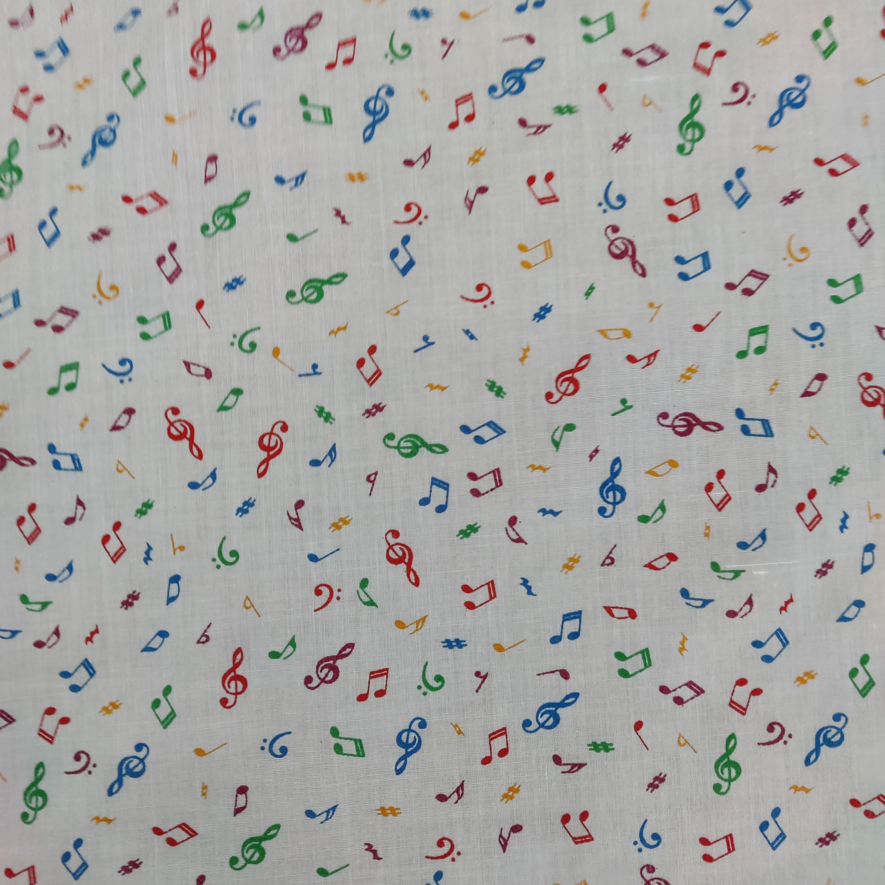 FS738 Beam Notes | Fabric | Children, Cloud, Clouds, Colourful, drape, Fabric, fashion fabric, Green, Kids, making, Multicolour, Musical, Notes, Poly, Poly Cotton, sale, sewing, Signs, Skirt, Treble Clef, White | Fabric Styles