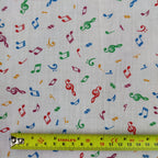FS738 Beam Notes | Fabric | Children, Cloud, Clouds, Colourful, drape, Fabric, fashion fabric, Green, Kids, making, Multicolour, Musical, Notes, Poly, Poly Cotton, sale, sewing, Signs, Skirt, Treble Clef, White | Fabric Styles