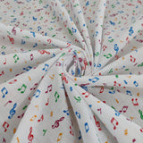 FS738 Beam Notes | Fabric | Children, Cloud, Clouds, Colourful, drape, Fabric, fashion fabric, Green, Kids, making, Multicolour, Musical, Notes, Poly, Poly Cotton, sale, sewing, Signs, Skirt, Treble Clef, White | Fabric Styles