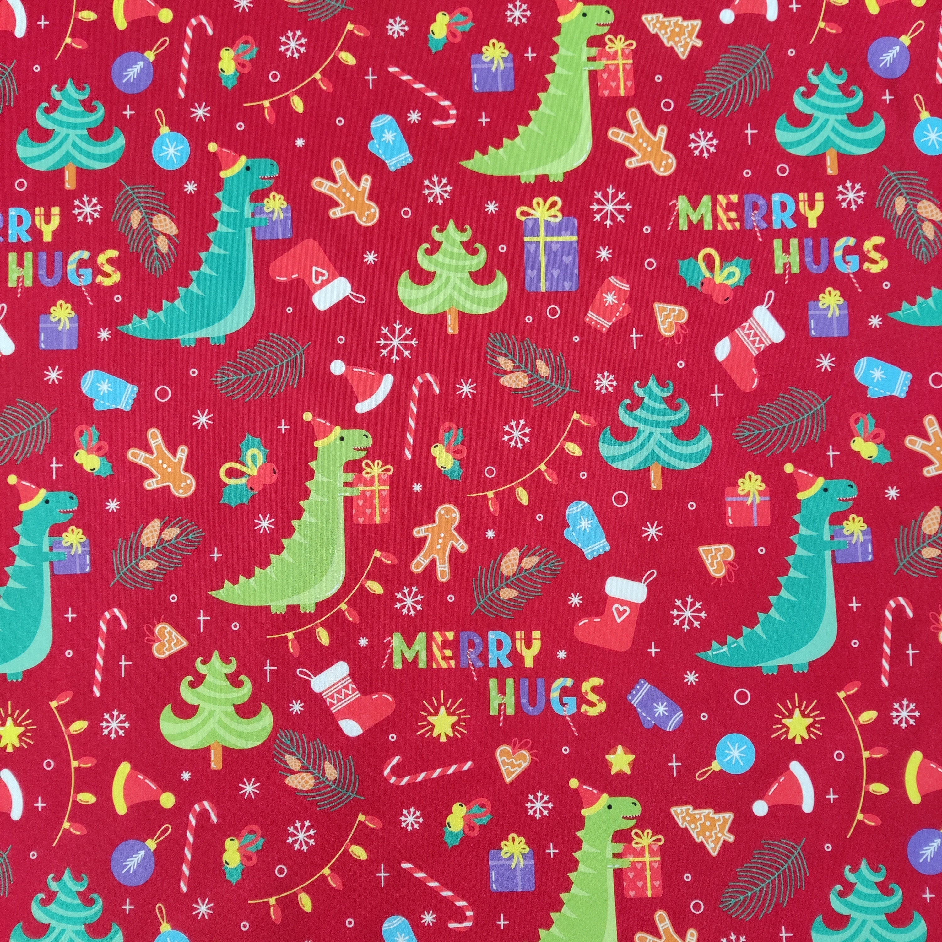 FS787 Red Dinosaur Christmas Scuba Fabric | Fabric | bauble, Baubles, Christmas, Christmas Tree, Fabric, fashion fabric, Scuba, sewing, xmas | Fabric Styles