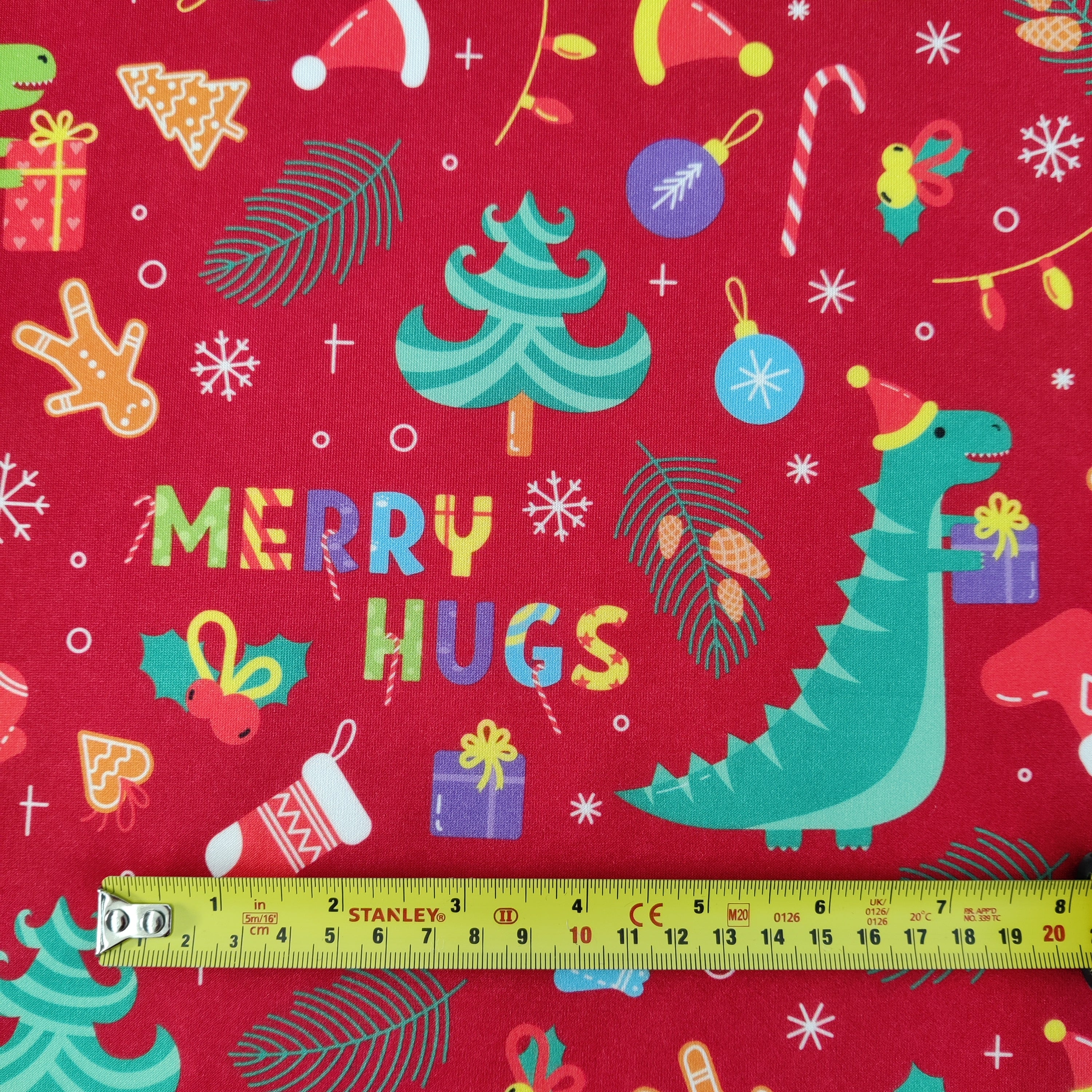 FS787 Red Dinosaur Christmas Scuba Fabric | Fabric | bauble, Baubles, Christmas, Christmas Tree, Fabric, fashion fabric, Scuba, sewing, xmas | Fabric Styles