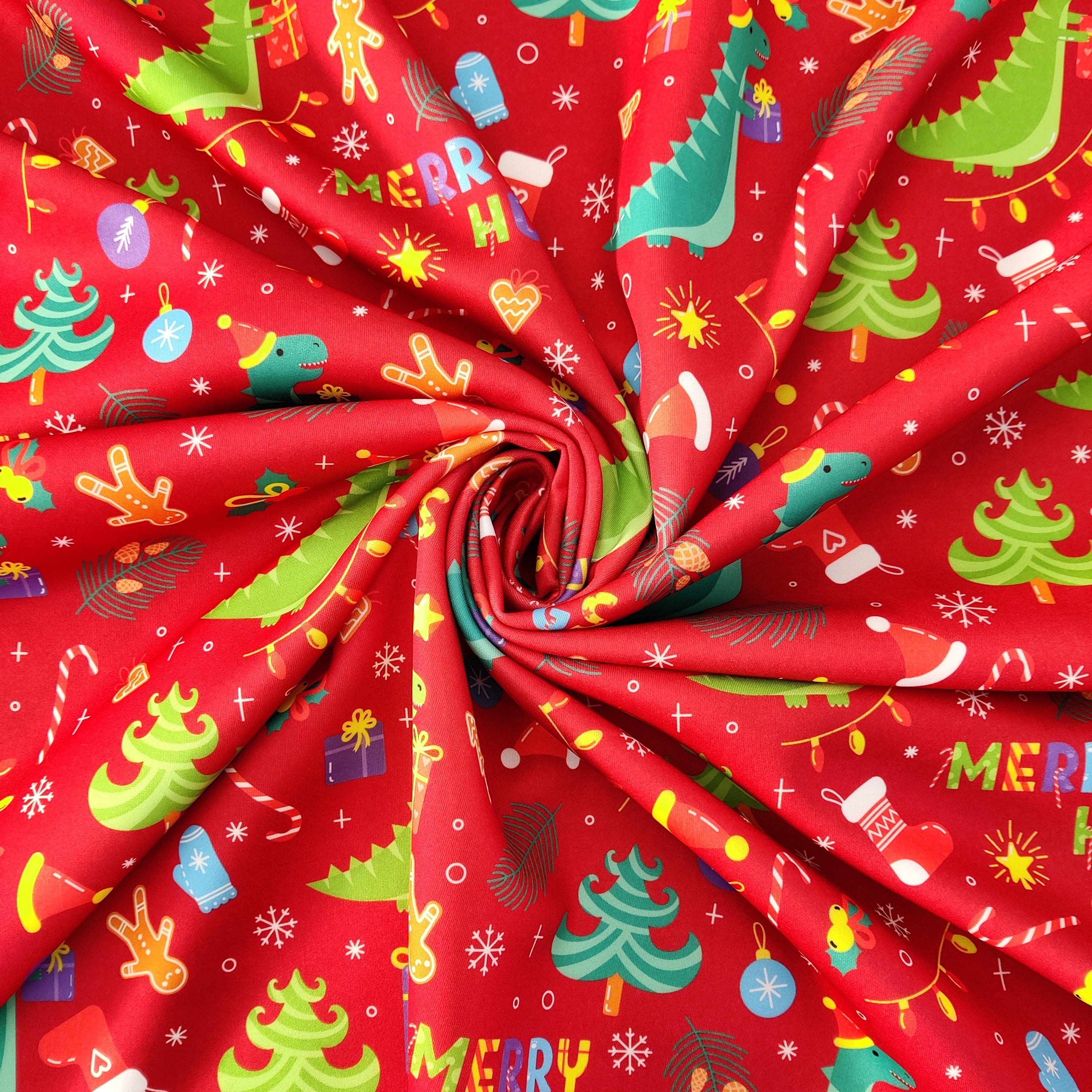 FS787 Red Dinosaur Christmas Scuba Fabric | Fabric | bauble, Baubles, Christmas, Christmas Tree, Fabric, fashion fabric, Scuba, sewing, xmas | Fabric Styles
