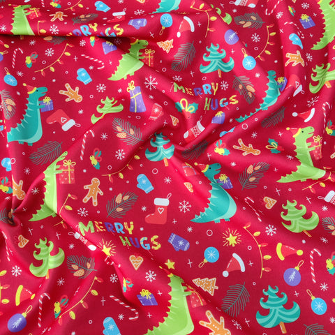 FS787 Red Dinosaur Christmas Scuba Fabric | Fabric | bauble, Baubles, Christmas, Christmas Tree, Fabric, fashion fabric, Scuba, sewing, xmas | Fabric Styles