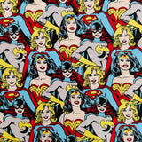 FS783_4 Heroines Stacked DC | Fabric | batman, Blue, Brand, Branded, Children, comic, comics, Cotton, Cotton SALE, dc, drape, Fabric, fashion fabric, flash, hero, Kids, Light blue, logo, making, man, Navy, super, superhero, Superman | Fabric Styles