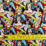 FS783_4 Heroines Stacked DC | Fabric | batman, Blue, Brand, Branded, Children, comic, comics, Cotton, Cotton SALE, dc, drape, Fabric, fashion fabric, flash, hero, Kids, Light blue, logo, making, man, Navy, super, superhero, Superman | Fabric Styles