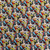 FS783_4 Heroines Stacked DC | Fabric | batman, Blue, Brand, Branded, Children, comic, comics, Cotton, Cotton SALE, dc, drape, Fabric, fashion fabric, flash, hero, Kids, Light blue, logo, making, man, Navy, super, superhero, Superman | Fabric Styles