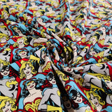 FS783_4 Heroines Stacked DC | Fabric | batman, Blue, Brand, Branded, Children, comic, comics, Cotton, Cotton SALE, dc, drape, Fabric, fashion fabric, flash, hero, Kids, Light blue, logo, making, man, Navy, super, superhero, Superman | Fabric Styles