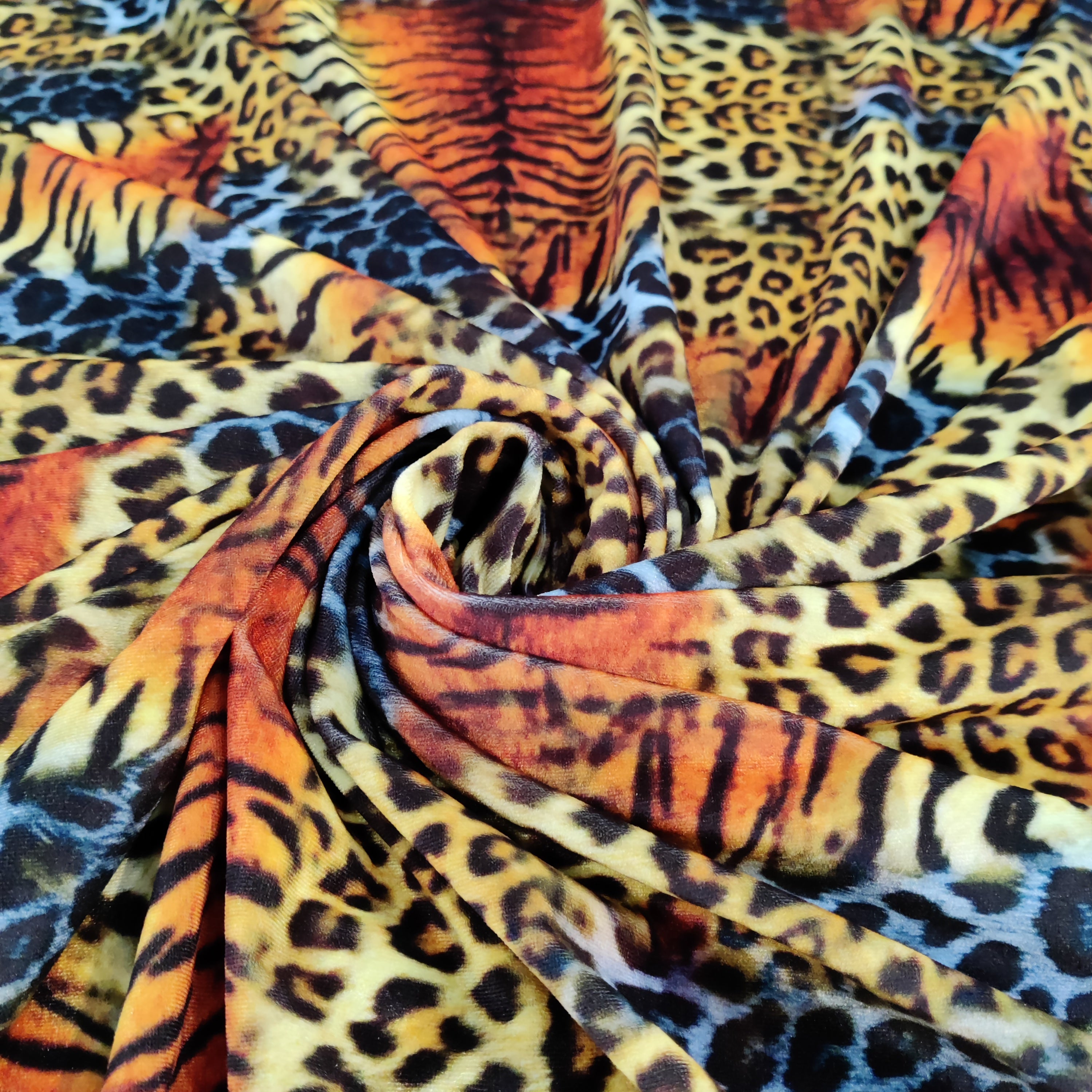 FS844 Animal Tiger Leopard Patch Velvet Stretch Knit Fabric Orange | Fabric | Animal, fabric, Gold, Leopard, Material, Orange, Tiger, Velour, Velvet, Zebra | Fabric Styles