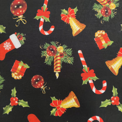 FS696 Candy Stick Spun Polyester Jersey Knit Stretch Fabric Black | Fabric | bauble, Baubles, Black, Candy Cane, Candy Stick, Christmas, christmas tree, Fabric, Gingerbread, Gold, Sale, Santa, Spun Polyester, Spun Polyester Elastane, Star, xmas | Fabric Styles