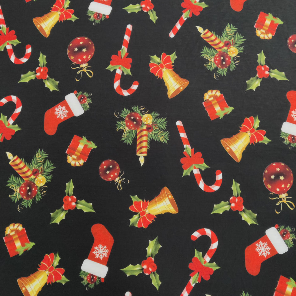 FS696 Candy Stick Spun Polyester Jersey Knit Stretch Fabric Black | Fabric | bauble, Baubles, Black, Candy Cane, Candy Stick, Christmas, christmas tree, Fabric, Gingerbread, Gold, Sale, Santa, Spun Polyester, Spun Polyester Elastane, Star, xmas | Fabric Styles
