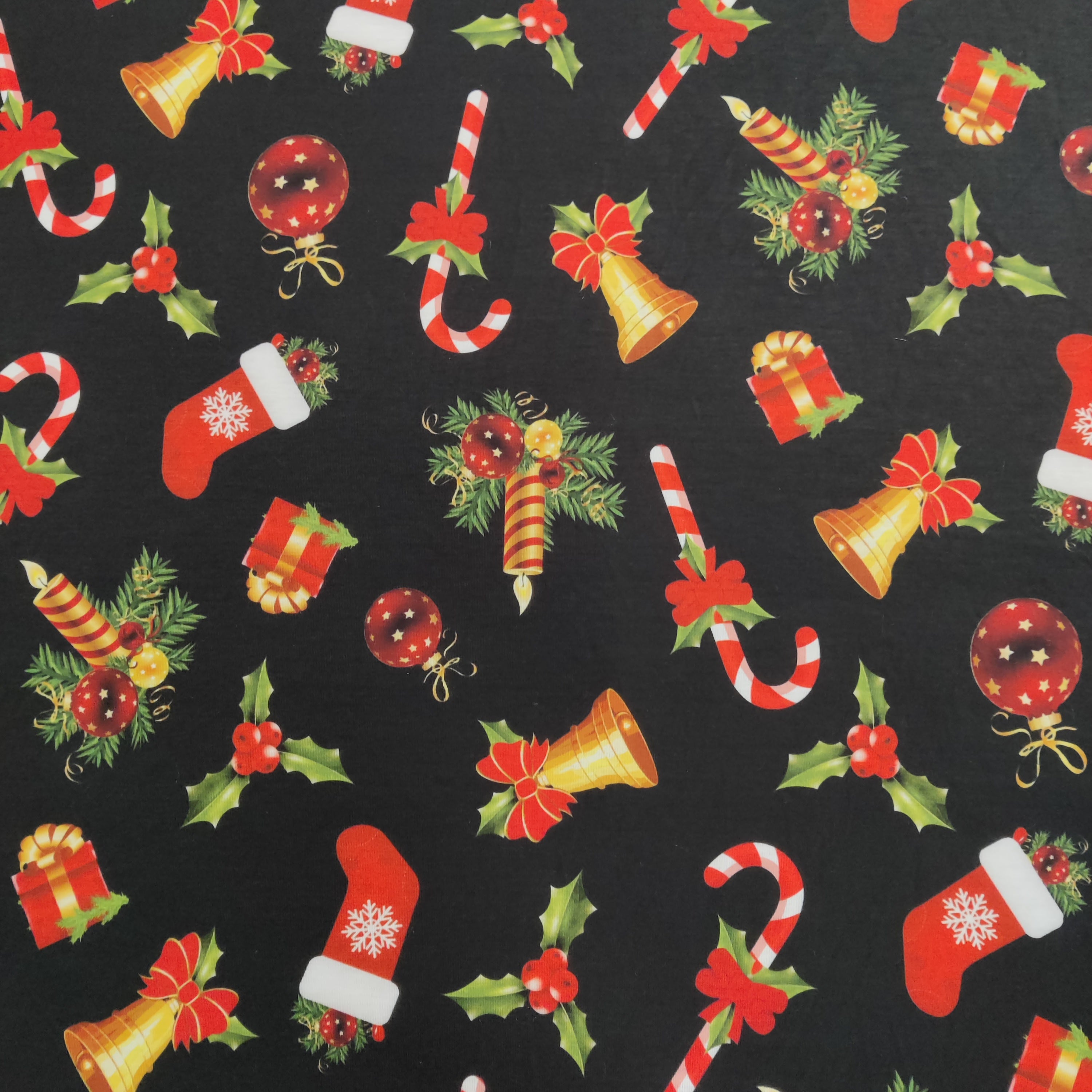 FS696 Candy Stick Spun Polyester Jersey Knit Stretch Fabric Black | Fabric | bauble, Baubles, Black, Candy Cane, Candy Stick, Christmas, christmas tree, Fabric, Gingerbread, Gold, Sale, Santa, Spun Polyester, Spun Polyester Elastane, Star, xmas | Fabric Styles