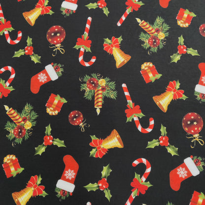 FS696 Candy Stick Spun Polyester Jersey Knit Stretch Fabric Black | Fabric | bauble, Baubles, Black, Candy Cane, Candy Stick, Christmas, christmas tree, Fabric, Gingerbread, Gold, Sale, Santa, Spun Polyester, Spun Polyester Elastane, Star, xmas | Fabric Styles
