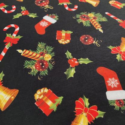 FS696 Candy Stick Spun Polyester Jersey Knit Stretch Fabric Black | Fabric | bauble, Baubles, Black, Candy Cane, Candy Stick, Christmas, christmas tree, Fabric, Gingerbread, Gold, Sale, Santa, Spun Polyester, Spun Polyester Elastane, Star, xmas | Fabric Styles