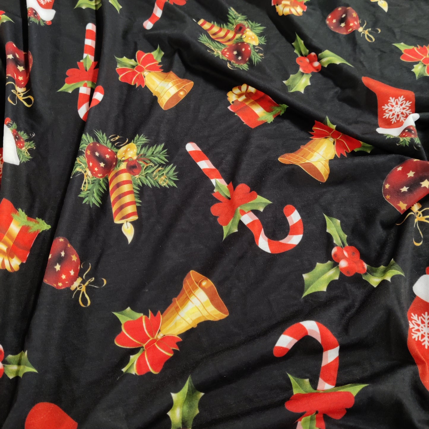 FS696 Candy Stick Spun Polyester Jersey Knit Stretch Fabric Black | Fabric | bauble, Baubles, Black, Candy Cane, Candy Stick, Christmas, christmas tree, Fabric, Gingerbread, Gold, Sale, Santa, Spun Polyester, Spun Polyester Elastane, Star, xmas | Fabric Styles