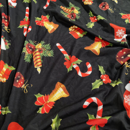 FS696 Candy Stick Spun Polyester Jersey Knit Stretch Fabric Black | Fabric | bauble, Baubles, Black, Candy Cane, Candy Stick, Christmas, christmas tree, Fabric, Gingerbread, Gold, Sale, Santa, Spun Polyester, Spun Polyester Elastane, Star, xmas | Fabric Styles