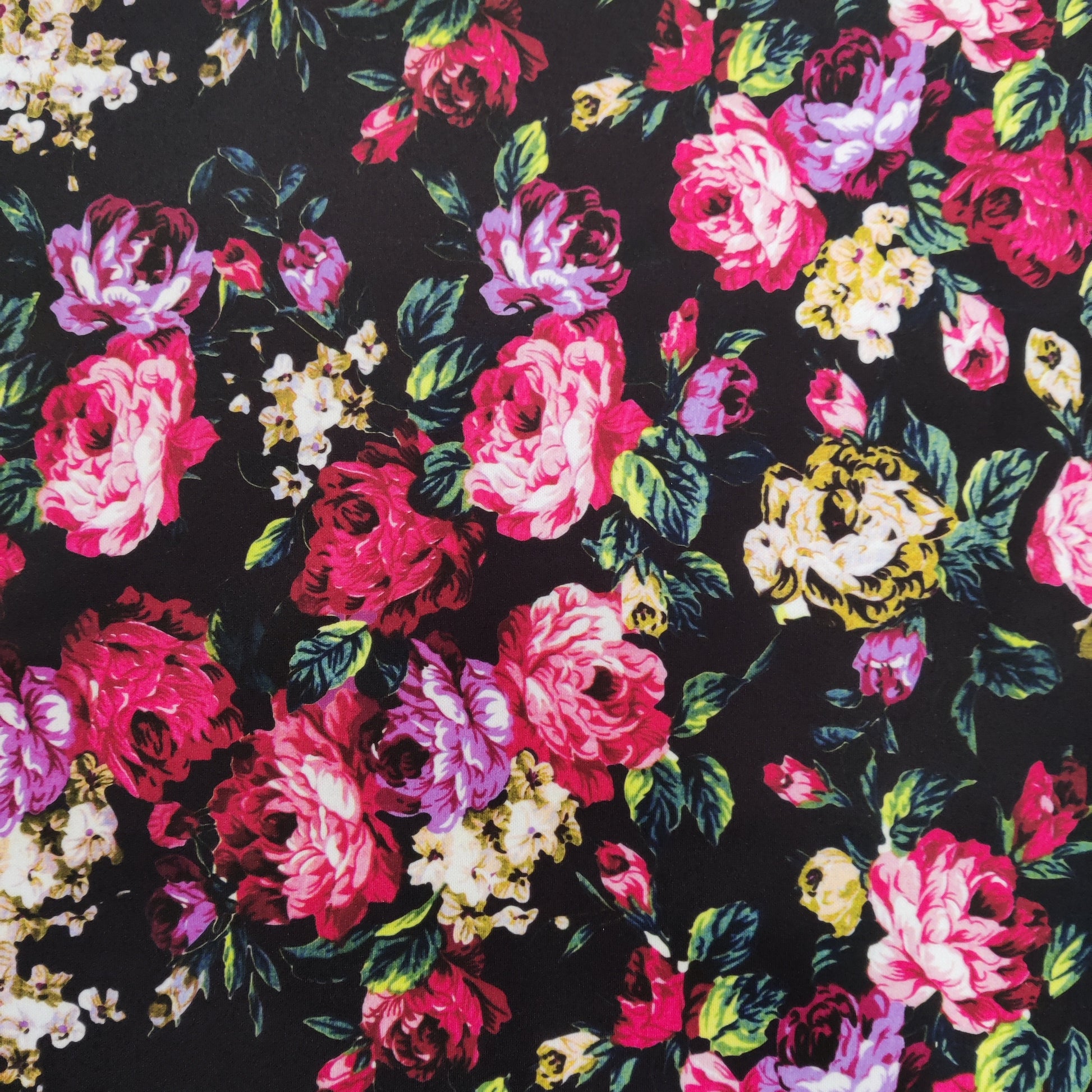FS821 Floral | Fabric | Black, drape, Fabric, fashion fabric, Floral, jersey, making, Orange, Purple, Scuba, sewing, stretch, Stretchy | Fabric Styles