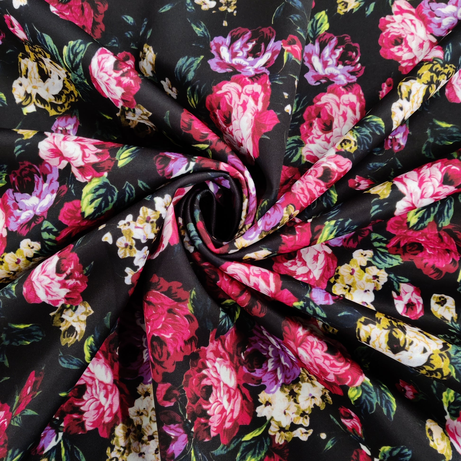 FS821 Floral | Fabric | Black, drape, Fabric, fashion fabric, Floral, jersey, making, Orange, Purple, Scuba, sewing, stretch, Stretchy | Fabric Styles