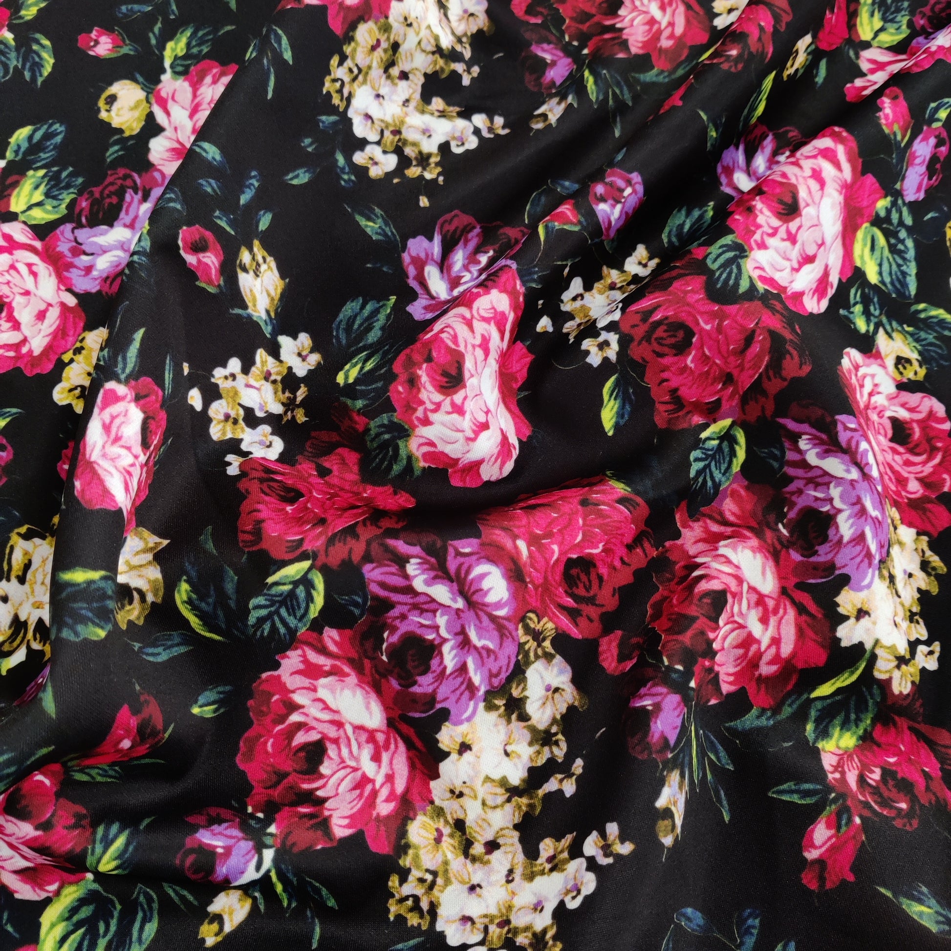 FS821 Floral | Fabric | Black, drape, Fabric, fashion fabric, Floral, jersey, making, Orange, Purple, Scuba, sewing, stretch, Stretchy | Fabric Styles