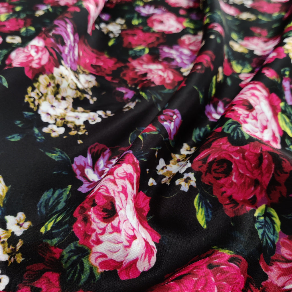 FS821 Floral | Fabric | Black, drape, Fabric, fashion fabric, Floral, jersey, making, Orange, Purple, Scuba, sewing, stretch, Stretchy | Fabric Styles