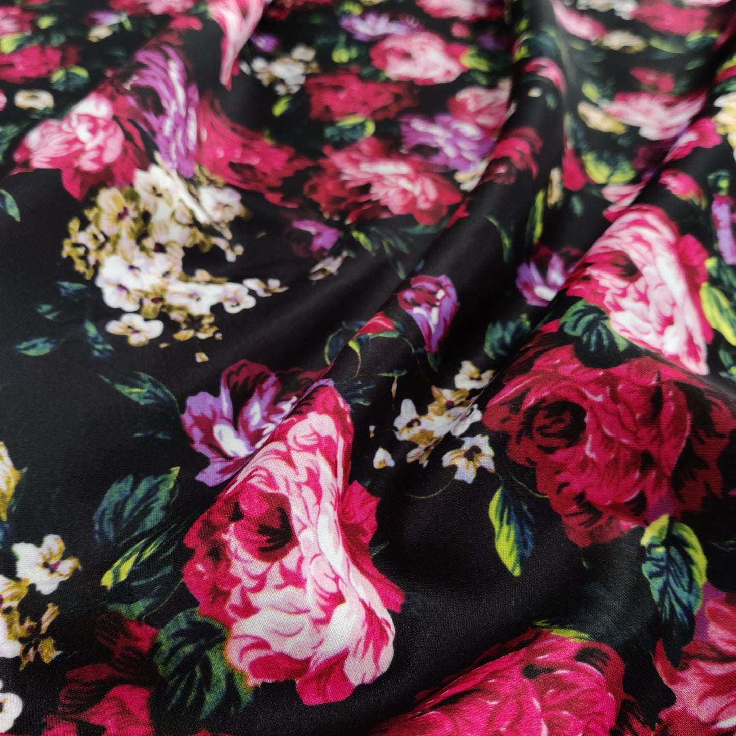 FS821 Floral | Fabric | Black, drape, Fabric, fashion fabric, Floral, jersey, making, Orange, Purple, Scuba, sewing, stretch, Stretchy | Fabric Styles