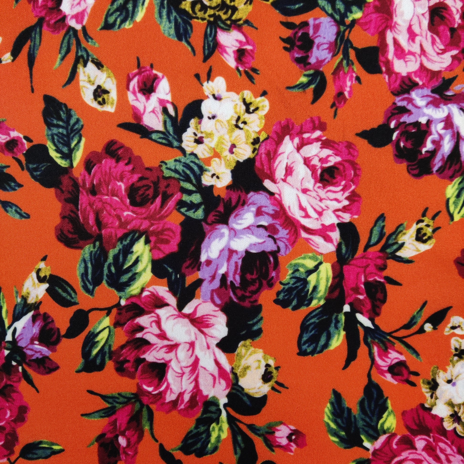 FS821 Floral | Fabric | Black, drape, Fabric, fashion fabric, Floral, jersey, making, Orange, Purple, Scuba, sewing, stretch, Stretchy | Fabric Styles