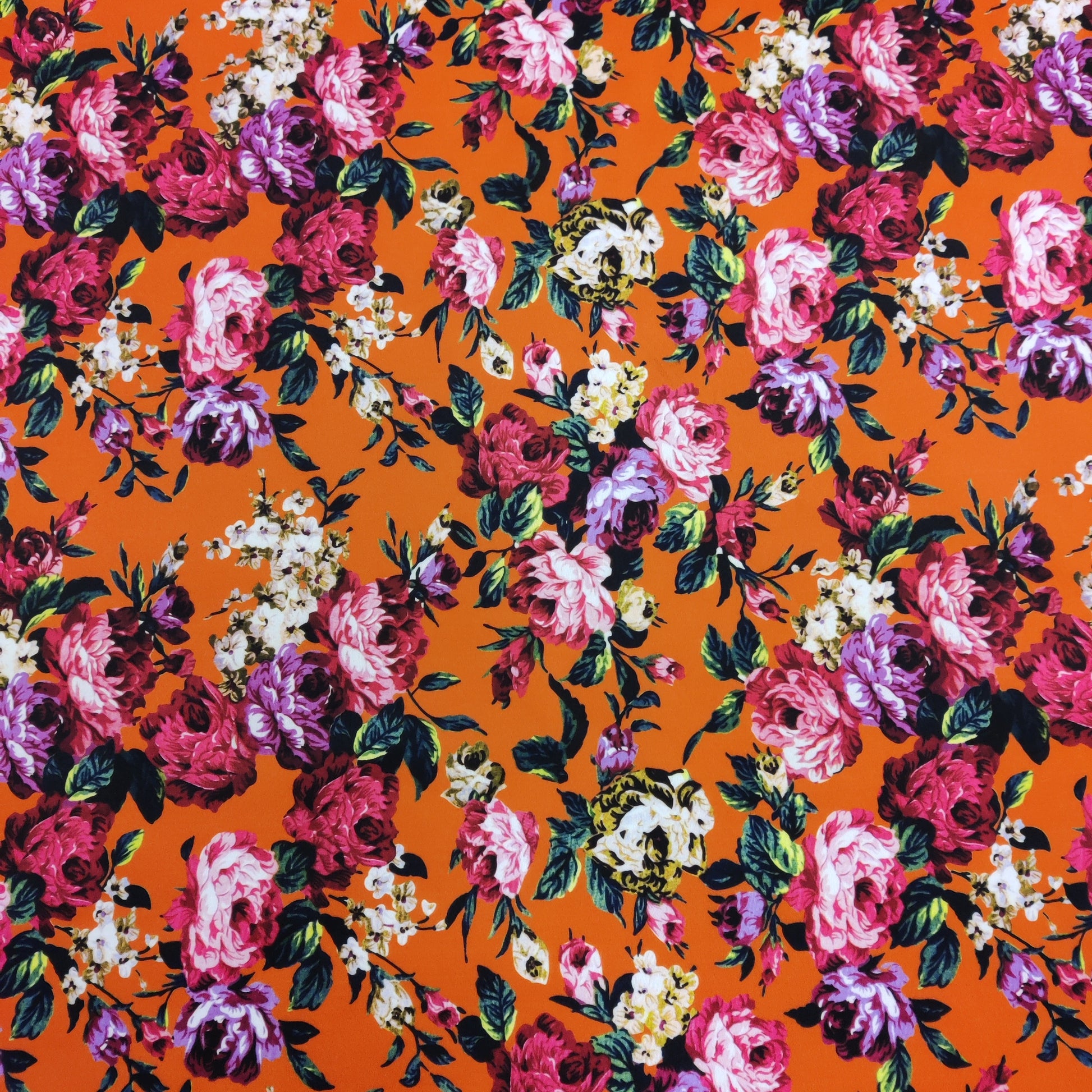 FS821 Floral | Fabric | Black, drape, Fabric, fashion fabric, Floral, jersey, making, Orange, Purple, Scuba, sewing, stretch, Stretchy | Fabric Styles