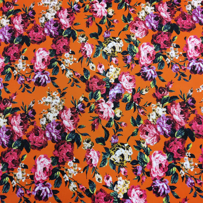 FS821 Floral | Fabric | Black, drape, Fabric, fashion fabric, Floral, jersey, making, Orange, Purple, Scuba, sewing, stretch, Stretchy | Fabric Styles