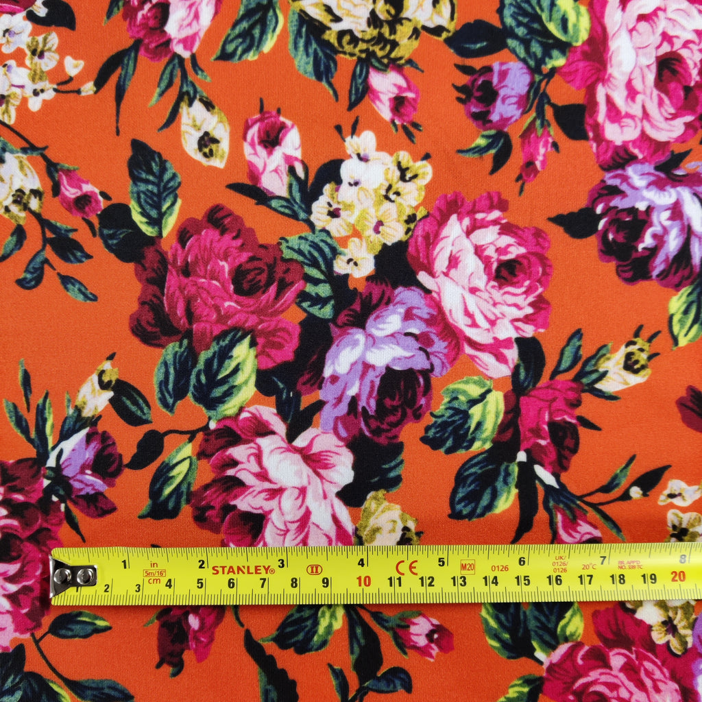 FS821 Floral | Fabric | Black, drape, Fabric, fashion fabric, Floral, jersey, making, Orange, Purple, Scuba, sewing, stretch, Stretchy | Fabric Styles