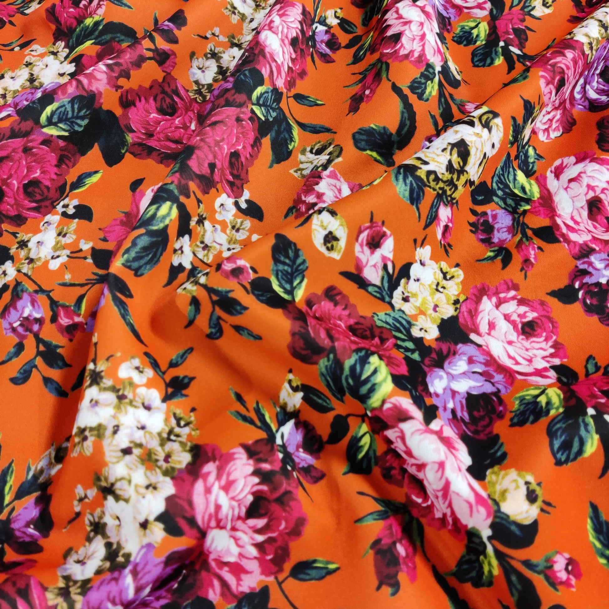 FS821 Floral | Fabric | Black, drape, Fabric, fashion fabric, Floral, jersey, making, Orange, Purple, Scuba, sewing, stretch, Stretchy | Fabric Styles