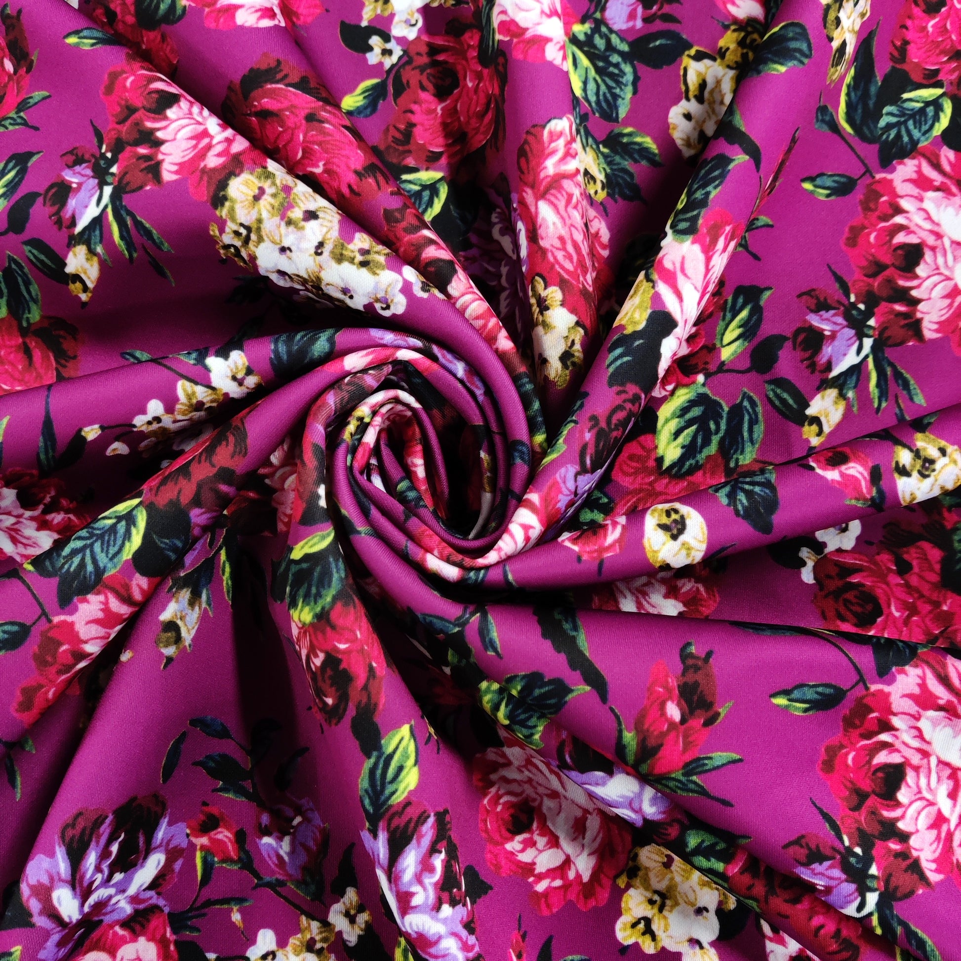 FS821 Floral | Fabric | Black, drape, Fabric, fashion fabric, Floral, jersey, making, Orange, Purple, Scuba, sewing, stretch, Stretchy | Fabric Styles