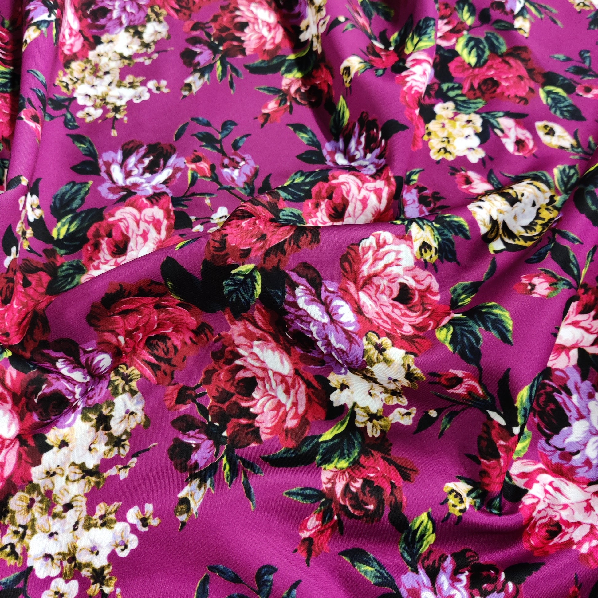 FS821 Floral | Fabric | Black, drape, Fabric, fashion fabric, Floral, jersey, making, Orange, Purple, Scuba, sewing, stretch, Stretchy | Fabric Styles