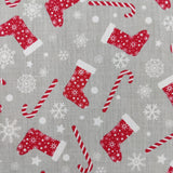 FS733 Christmas Stocking Poly Cotton Fabric Silver | Fabric | Christmas, Christmas polycotton, drape, Fabric, fashion fabric, making, Poly, Poly Cotton, polycotton, Sale, sewing, Skirt, snowflake, snowflakes, stocking, Xmas | Fabric Styles