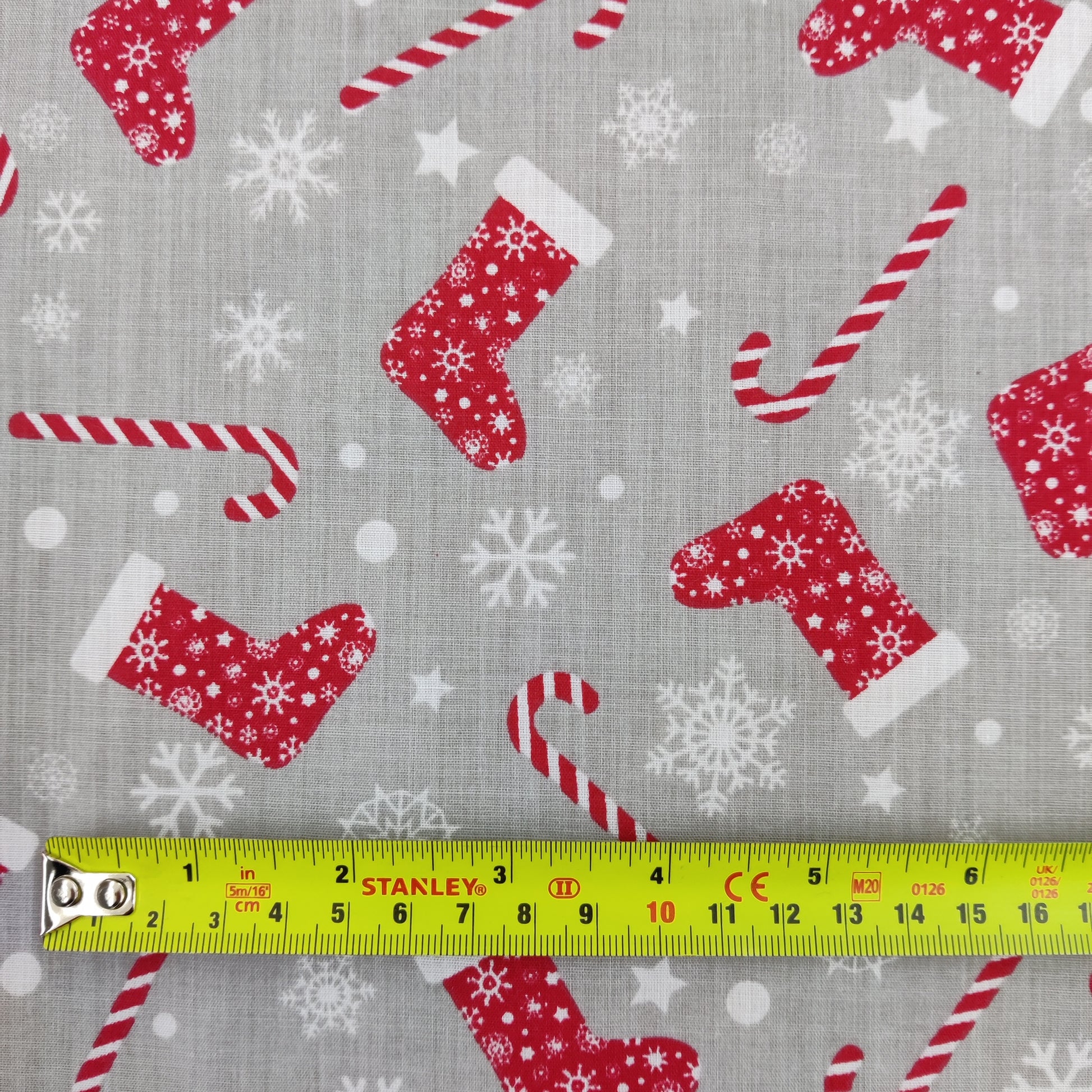 FS733 Christmas Stocking Poly Cotton Fabric Silver | Fabric | Christmas, Christmas polycotton, drape, Fabric, fashion fabric, making, Poly, Poly Cotton, polycotton, Sale, sewing, Skirt, snowflake, snowflakes, stocking, Xmas | Fabric Styles