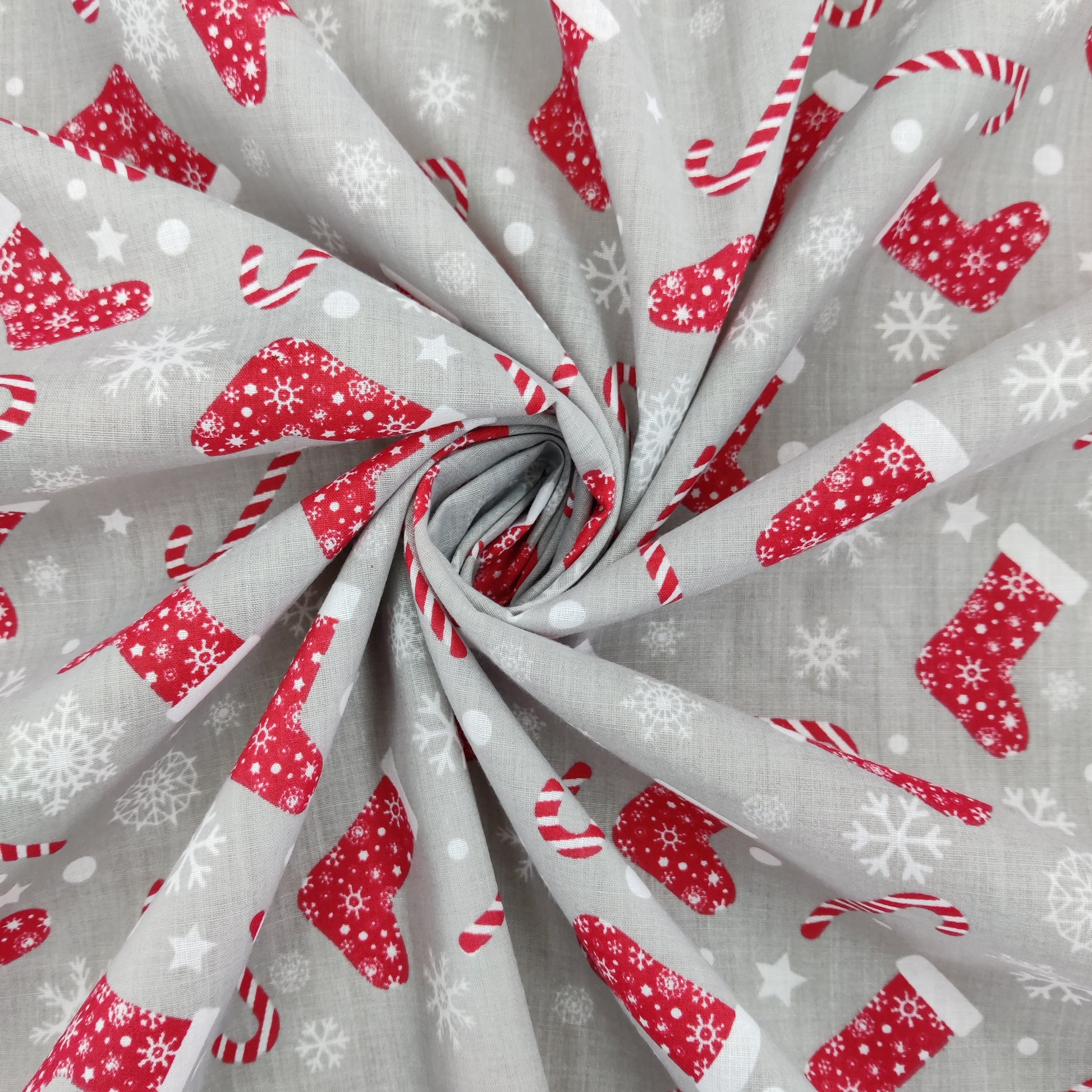 FS733 Christmas Stocking Poly Cotton Fabric Silver | Fabric | Christmas, Christmas polycotton, drape, Fabric, fashion fabric, making, Poly, Poly Cotton, polycotton, Sale, sewing, Skirt, snowflake, snowflakes, stocking, Xmas | Fabric Styles