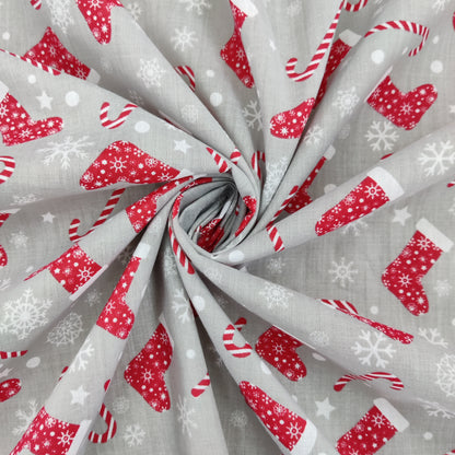 FS733 Christmas Stocking Poly Cotton Fabric Silver | Fabric | Christmas, Christmas polycotton, drape, Fabric, fashion fabric, making, Poly, Poly Cotton, polycotton, Sale, sewing, Skirt, snowflake, snowflakes, stocking, Xmas | Fabric Styles