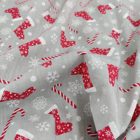 FS733 Christmas Stocking Poly Cotton Fabric Silver | Fabric | Christmas, Christmas polycotton, drape, Fabric, fashion fabric, making, Poly, Poly Cotton, polycotton, Sale, sewing, Skirt, snowflake, snowflakes, stocking, Xmas | Fabric Styles