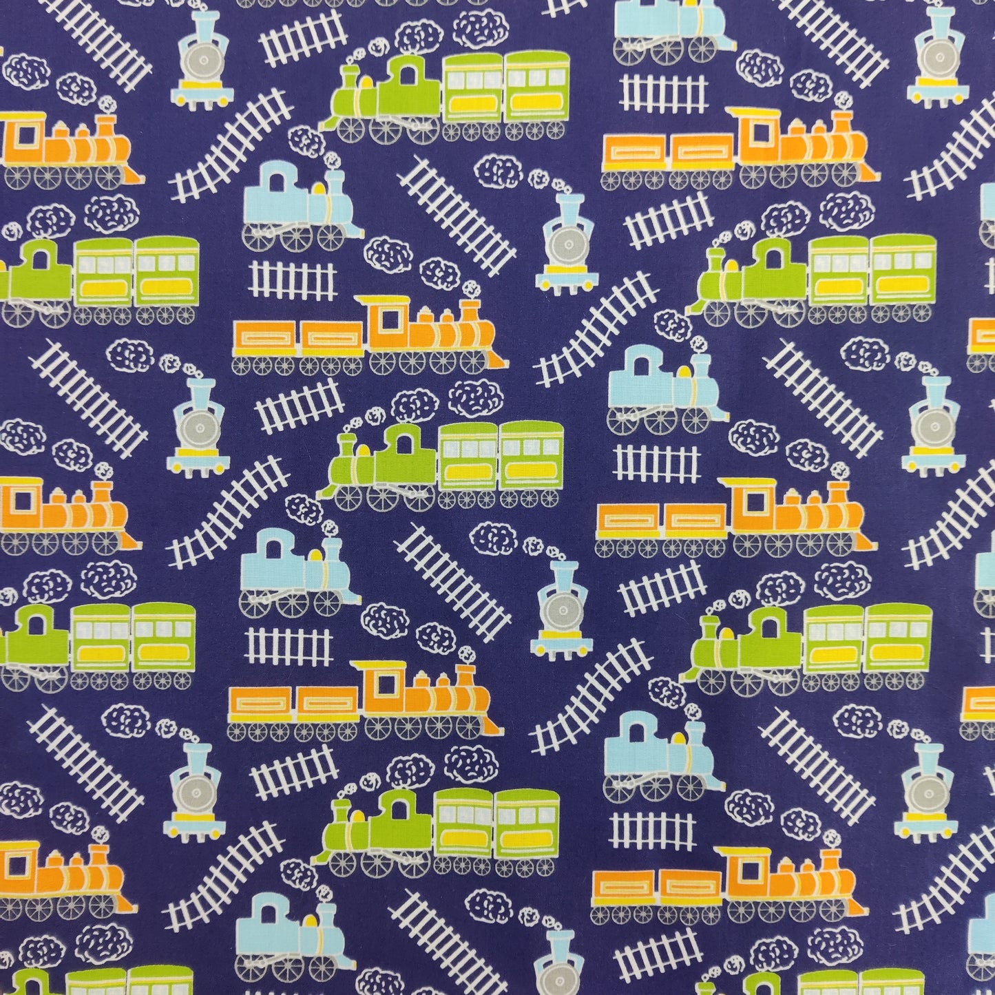 FS771_1 Train Track Poly Cotton Fabric Navy | Fabric | Children, Colourful, drape, Fabric, fashion fabric, FS771, Green, Kids, making, Navy, Poly, Poly Cotton, Sale, sewing, Skirt, Train Track, Unicorn, White | Fabric Styles