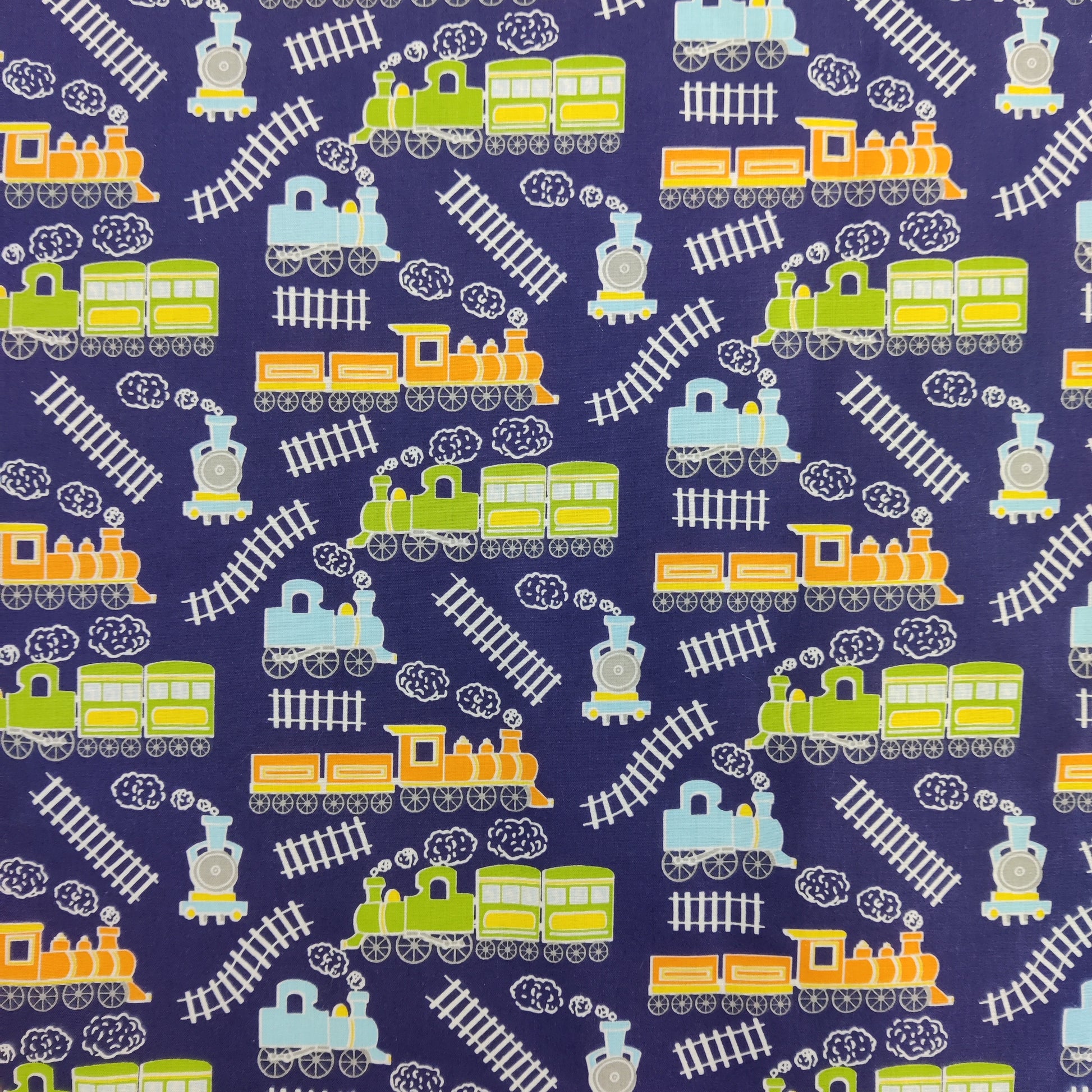 FS771_1 Train Track Poly Cotton Fabric Navy | Fabric | Children, Colourful, drape, Fabric, fashion fabric, FS771, Green, Kids, making, Navy, Poly, Poly Cotton, Sale, sewing, Skirt, Train Track, Unicorn, White | Fabric Styles